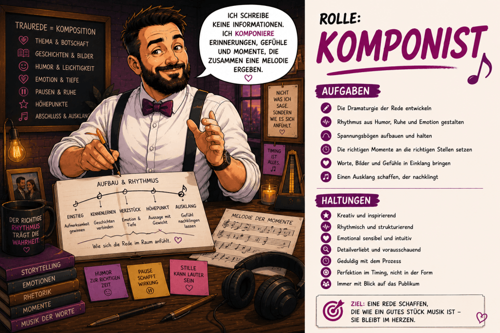 Comicillustration von Trauredner Samuel Diekmann als Komponist beim Entwickeln einer emotionalen Traurede mit Rhythmus und Dramaturgie