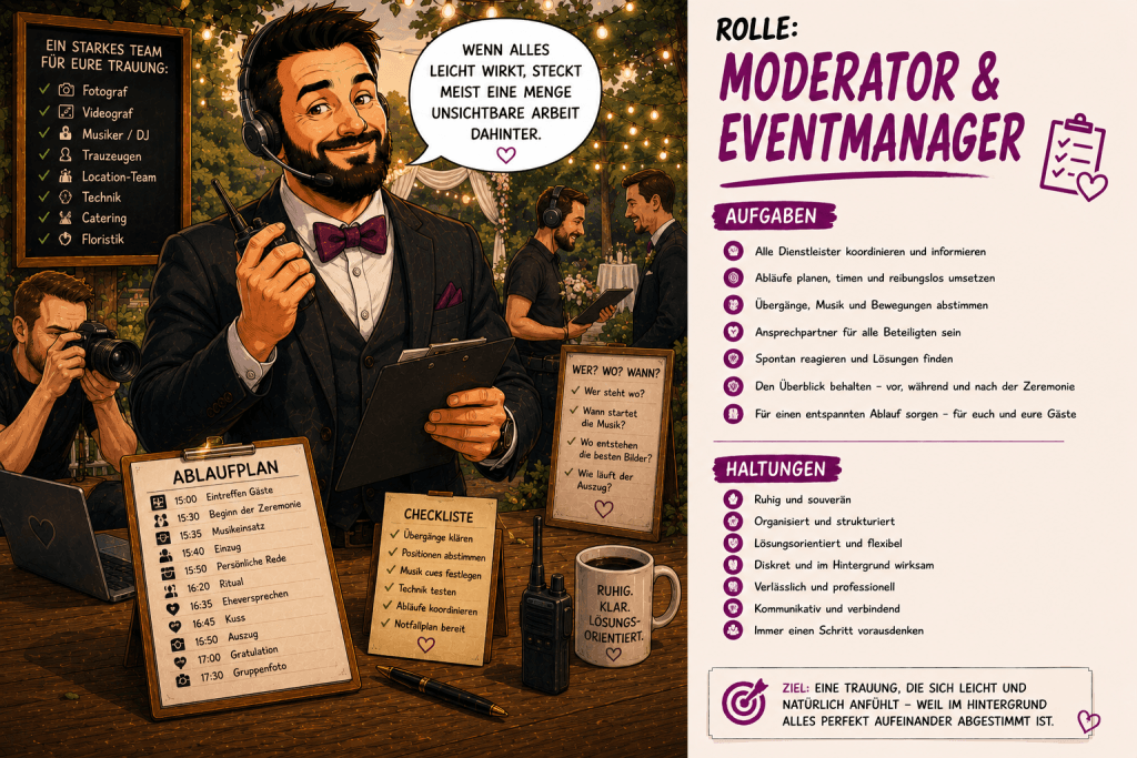 Comicillustration von Trauredner Samuel Diekmann als Moderator und Eventmanager bei der Organisation einer freien Trauung mit Musikern, Fotografen und Trauzeugen