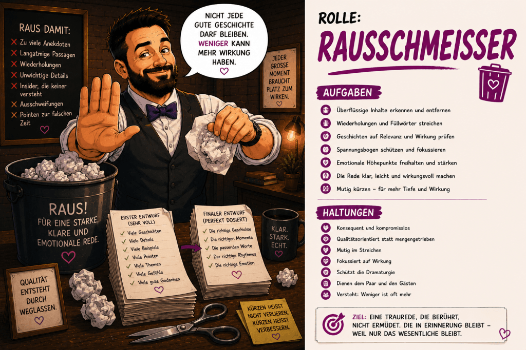 Comicillustration von Trauredner Samuel Diekmann als Rausschmeißer beim Kürzen und Streichen einer emotionalen Traurede