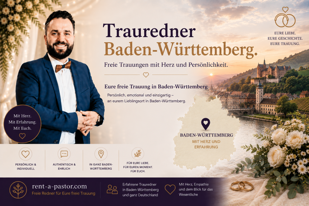 Samuel Diekmann als Trauredner in Baden-Württemberg vor romantischer Hochzeitskulisse mit Schloss, Weinbergen und Karte von Baden-Württemberg