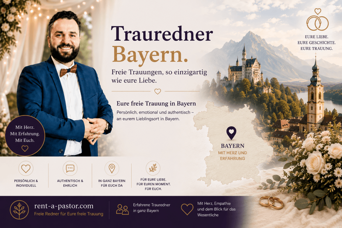 Samuel Diekmann als Trauredner in Bayern vor bayerischer Hochzeitskulisse mit Alpen, Schloss und Informationen zu freien Trauungen in ganz Bayern