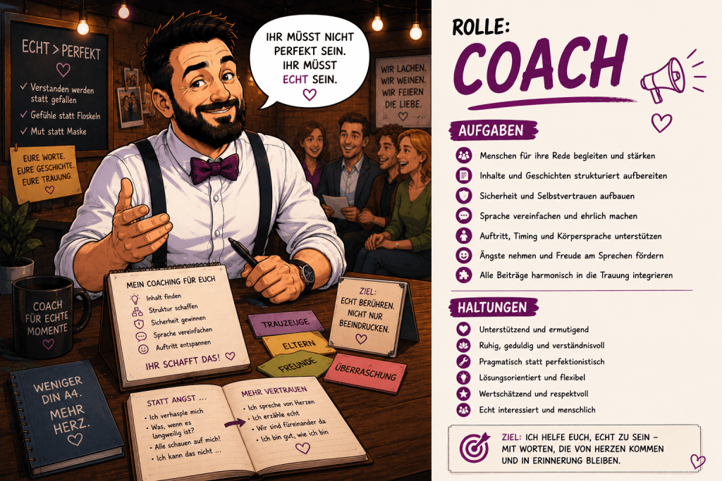 Comicillustration von Trauredner Samuel Diekmann als Coach beim Unterstützen von Trauzeugen und Hochzeitsgästen für Redebeiträge bei einer freien Trauung