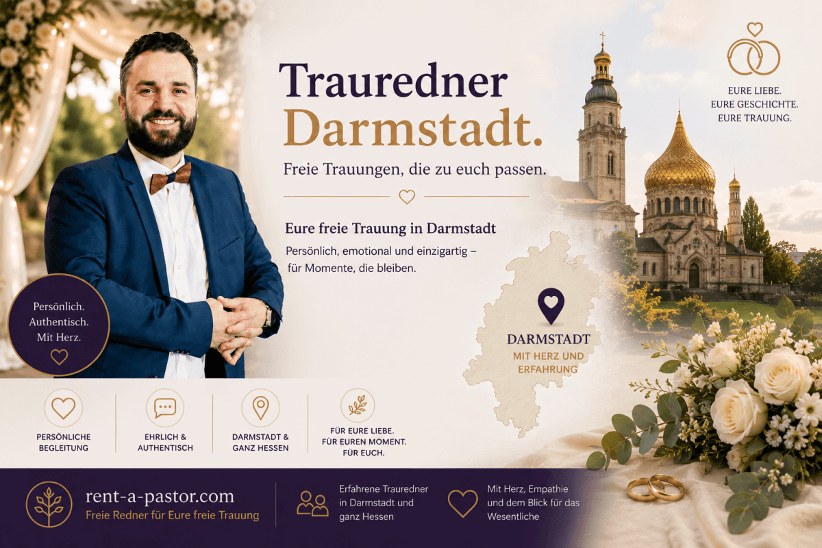 Samuel Diekmann als Trauredner in Darmstadt vor romantischer Hochzeitskulisse mit Darmstädter Wahrzeichen und Informationen zu freien Trauungen in Hessen