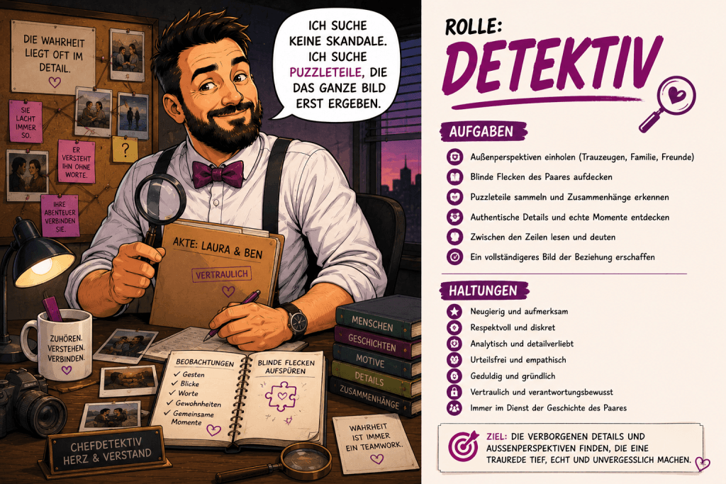 Comicillustration von Trauredner Samuel Diekmann als Detektiv beim Sammeln von Geschichten und Perspektiven von Trauzeugen und Familie