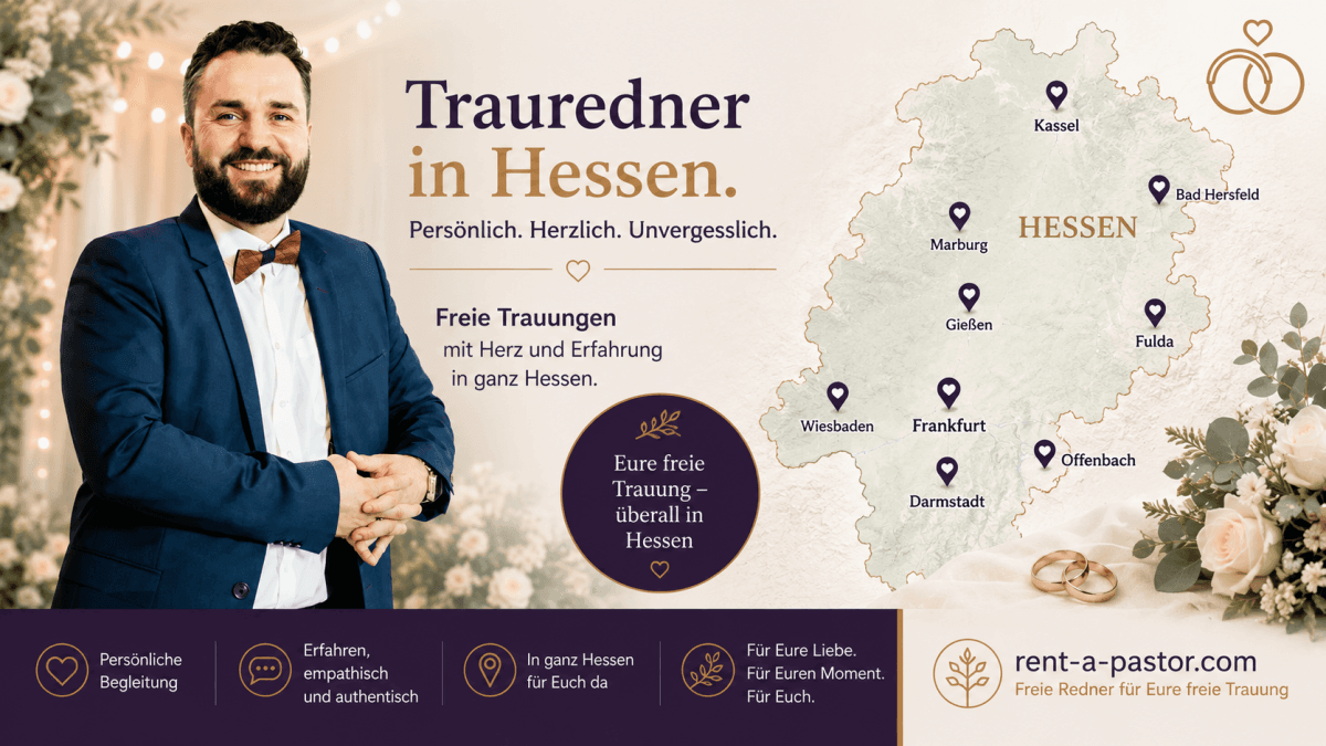 Samuel Diekmann als Trauredner in Hessen mit Karte von Hessen und Standorten des Rednernetzwerks für freie Trauungen in Frankfurt, Offenbach, Wiesbaden und ganz Hessen