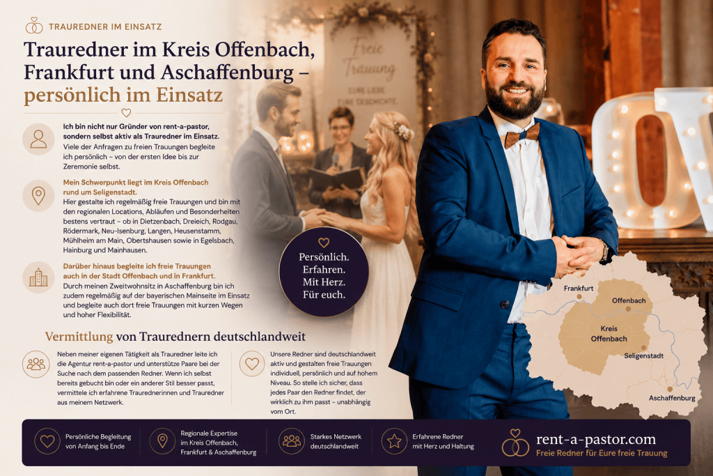 Samuel Diekmann als Trauredner vor einer Hochzeitslocation mit Karte des Rhein-Main-Gebiets für freie Trauungen in Offenbach, Frankfurt und Aschaffenburg.