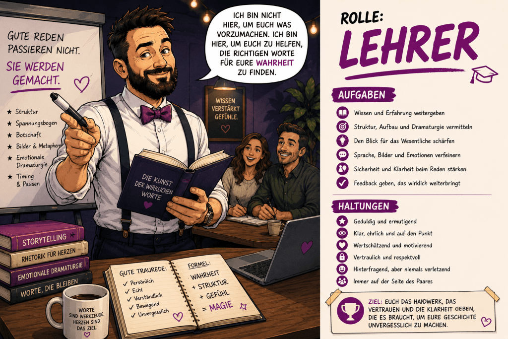 Comicillustration von Trauredner Samuel Diekmann als Lehrer beim Erklären von Aufbau und Dramaturgie einer emotionalen Traurede