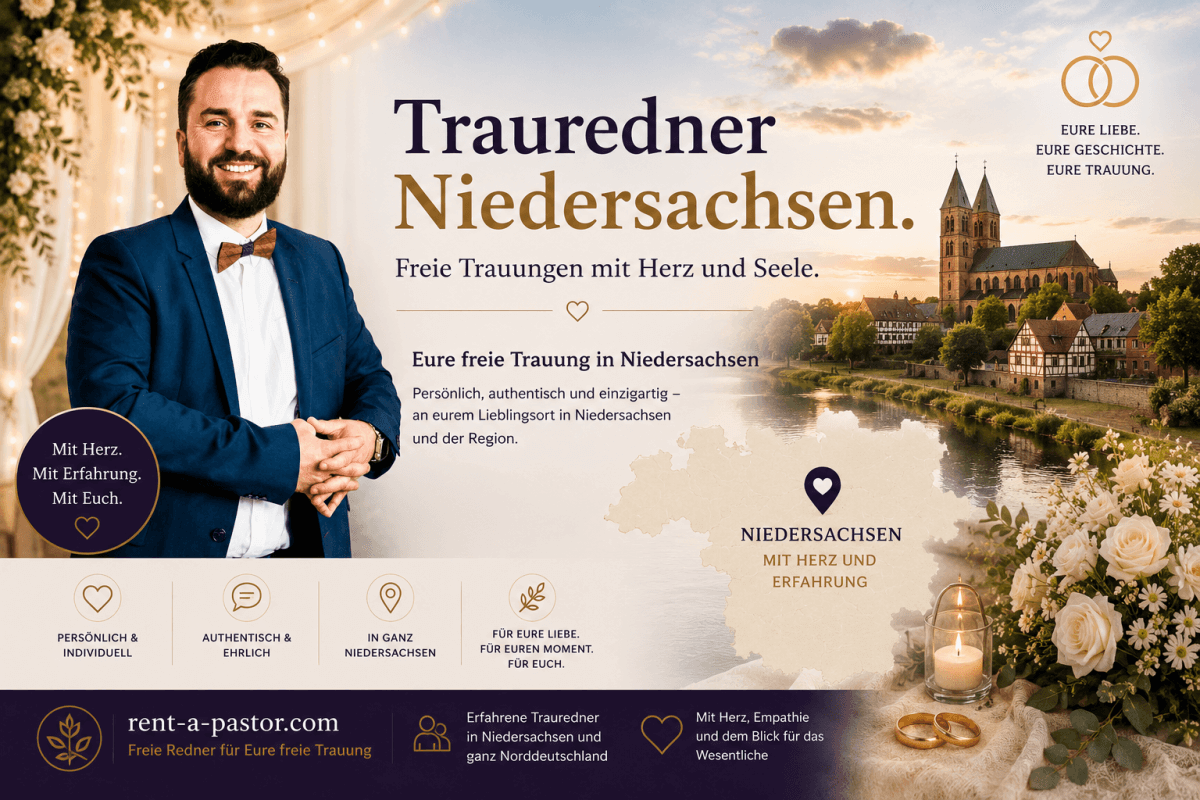 Samuel Diekmann als Trauredner in Niedersachsen vor romantischer Landschaft mit Kirche, Fluss und Hochzeitskulisse für freie Trauungen in Norddeutschland