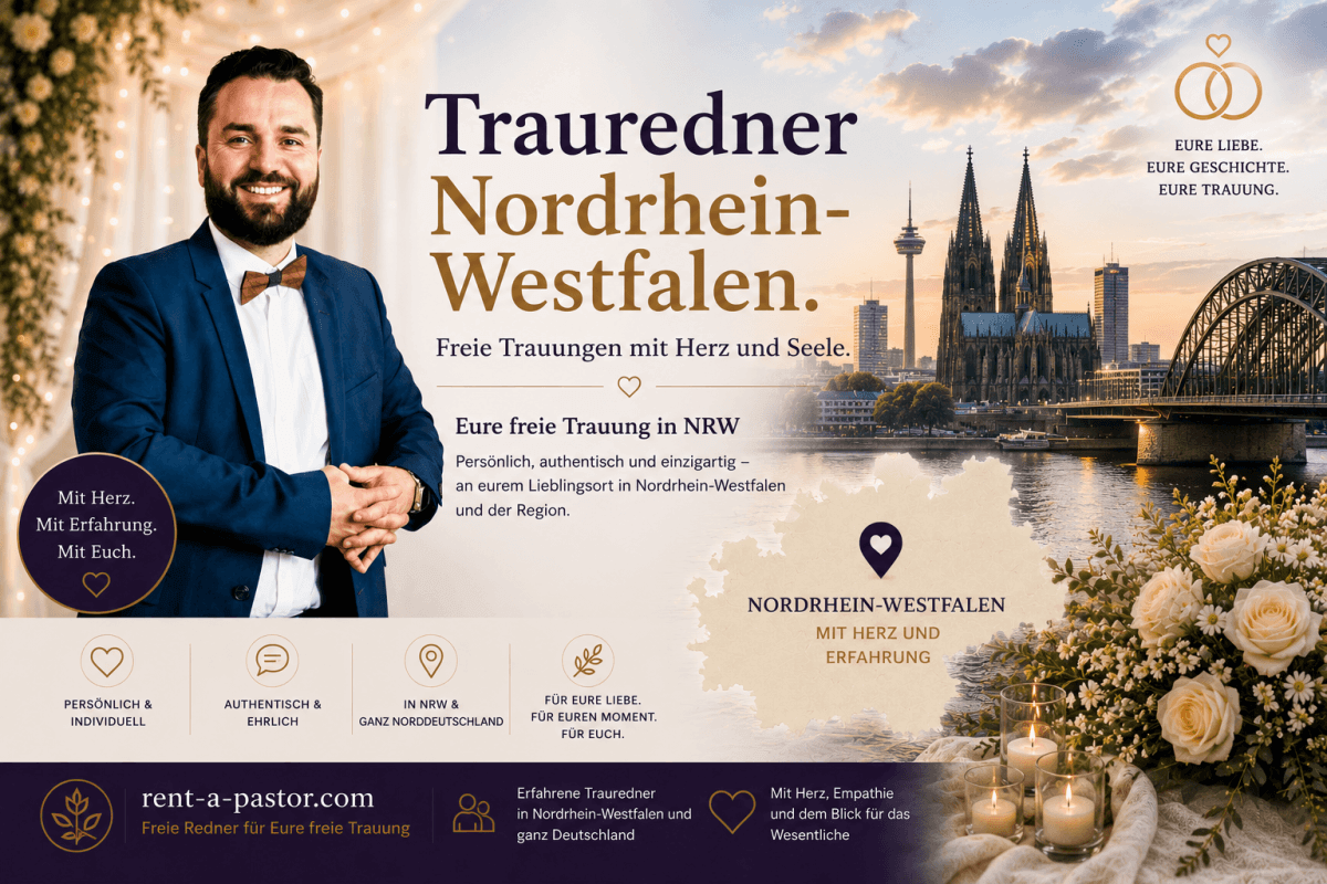 Samuel Diekmann als Trauredner in Nordrhein-Westfalen vor romantischer Hochzeitskulisse mit Kölner Dom und moderner Skyline für freie Trauungen in NRW