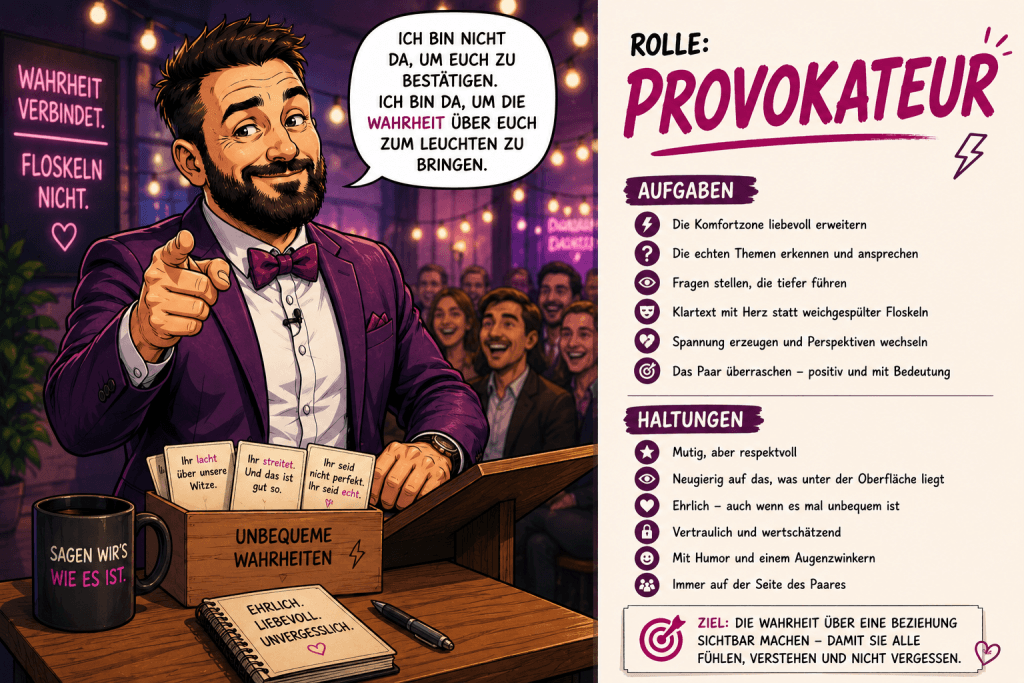 Comicillustration von Trauredner Samuel Diekmann als Provokateur im Gespräch mit einem Brautpaar über Liebe, Verlust und gemeinsame Werte