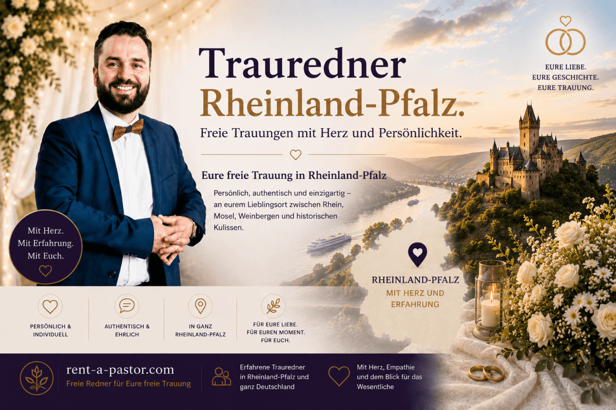 Samuel Diekmann als Trauredner in Rheinland-Pfalz vor romantischer Rhein- und Mosellandschaft mit Burg und Hochzeitskulisse für freie Trauungen