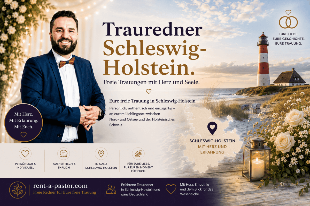Samuel Diekmann als Trauredner in Schleswig-Holstein vor Küstenlandschaft mit Leuchtturm, Meer und romantischer Hochzeitskulisse für freie Trauungen