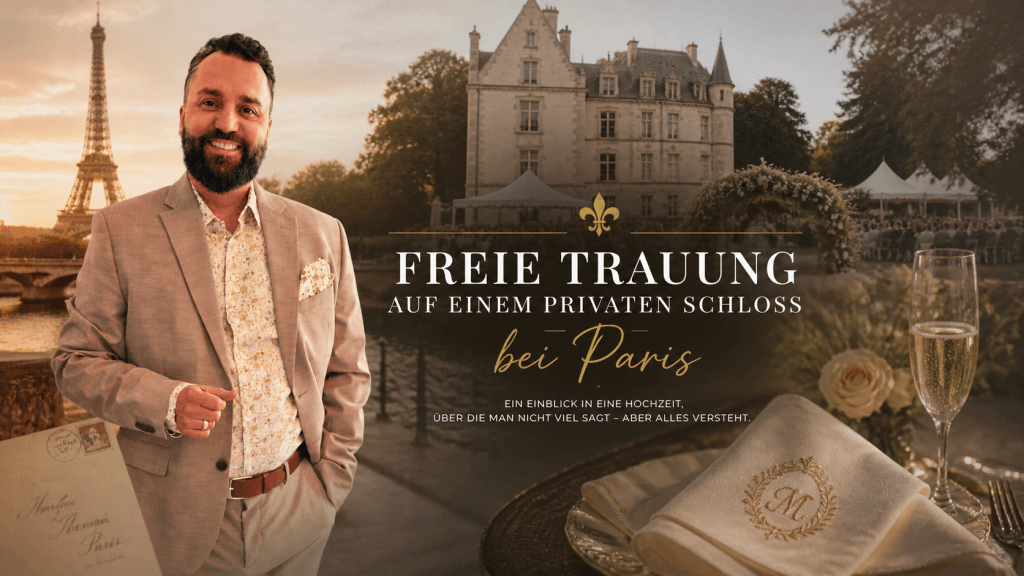 Samuel Diekmann als Trauredner vor einem französischen Schloss bei Paris während einer exklusiven freien Trauung im VIP-Rahmen.