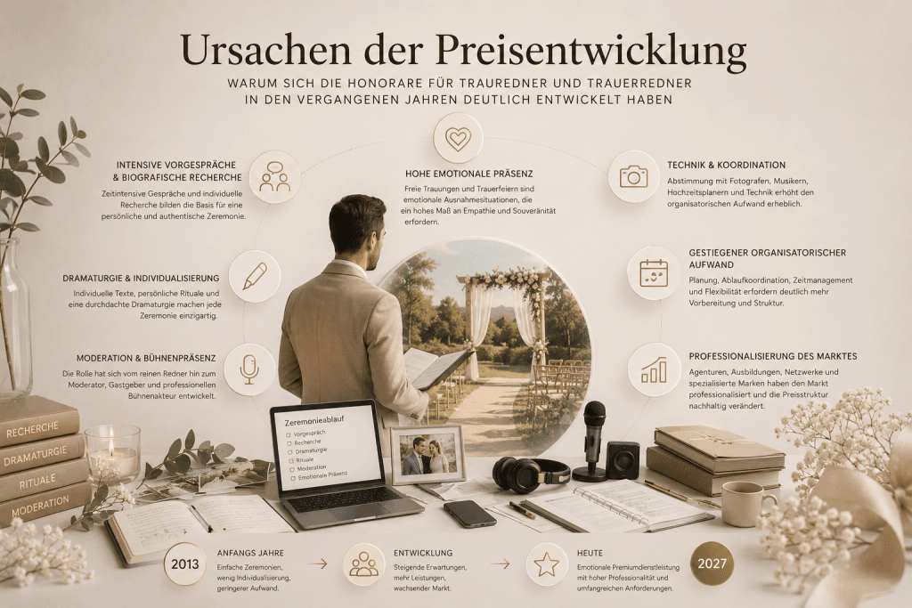 Grafisches Themenbild zur Professionalisierung freier Trauredner mit Symbolen für emotionale Begleitung, Organisation, Technik, Dramaturgie und steigende Anforderungen im Hochzeitsmarkt.
