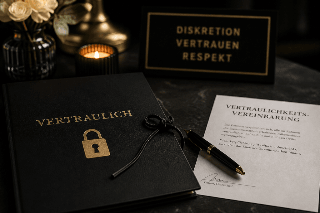 Vertraulichkeitsvereinbarung und Unterlagen als Symbol für Diskretion bei VIP Hochzeiten und Traurednern