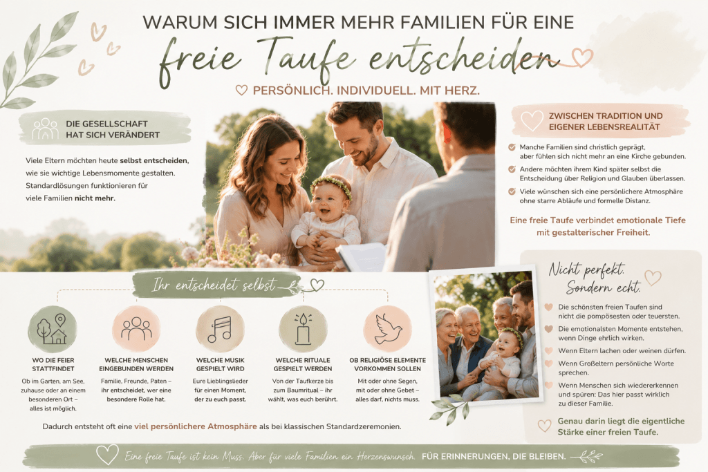 Emotionale Infografik zur freien Taufe mit Familie, Baby und freiem Redner im Freien. Die Grafik erklärt, warum sich moderne Familien für individuelle Willkommensfeiern entscheiden.