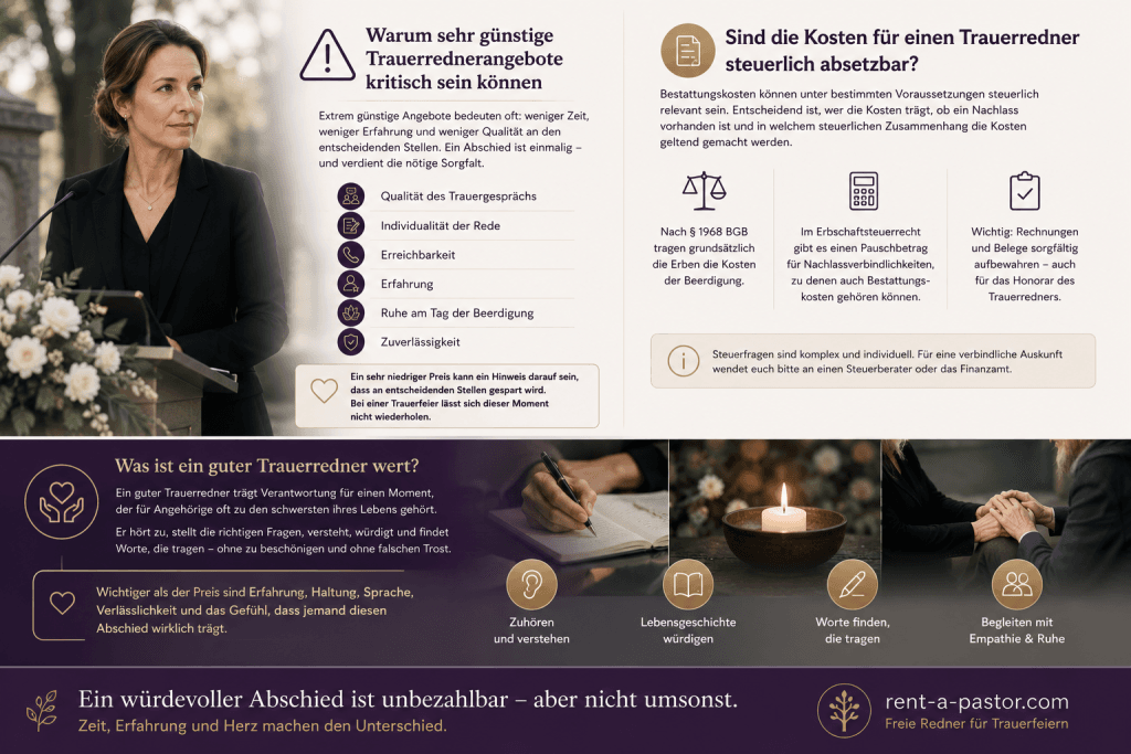Infografik über Risiken sehr günstiger Trauerrednerangebote sowie Hinweise zu Qualität, steuerlicher Absetzbarkeit und würdevollen Trauerfeiern.