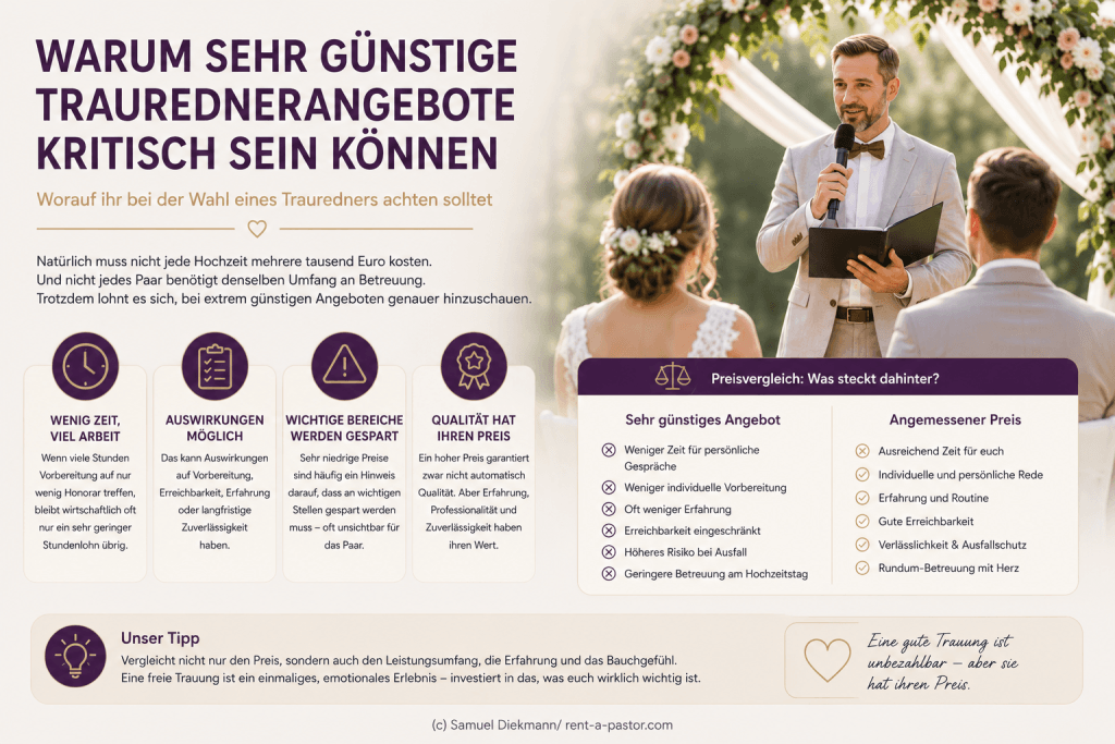 Infografik über Risiken sehr günstiger Traurednerangebote mit Vergleich zwischen Billigangeboten und professionellen Leistungen bei freien Trauungen.