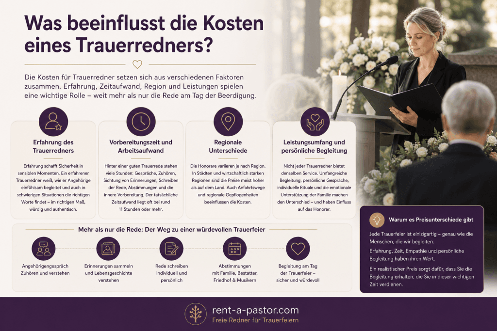 Infografik über die wichtigsten Faktoren, die die Kosten eines Trauerredners beeinflussen, mit weiblicher Trauerrednerin während einer Trauerfeier.