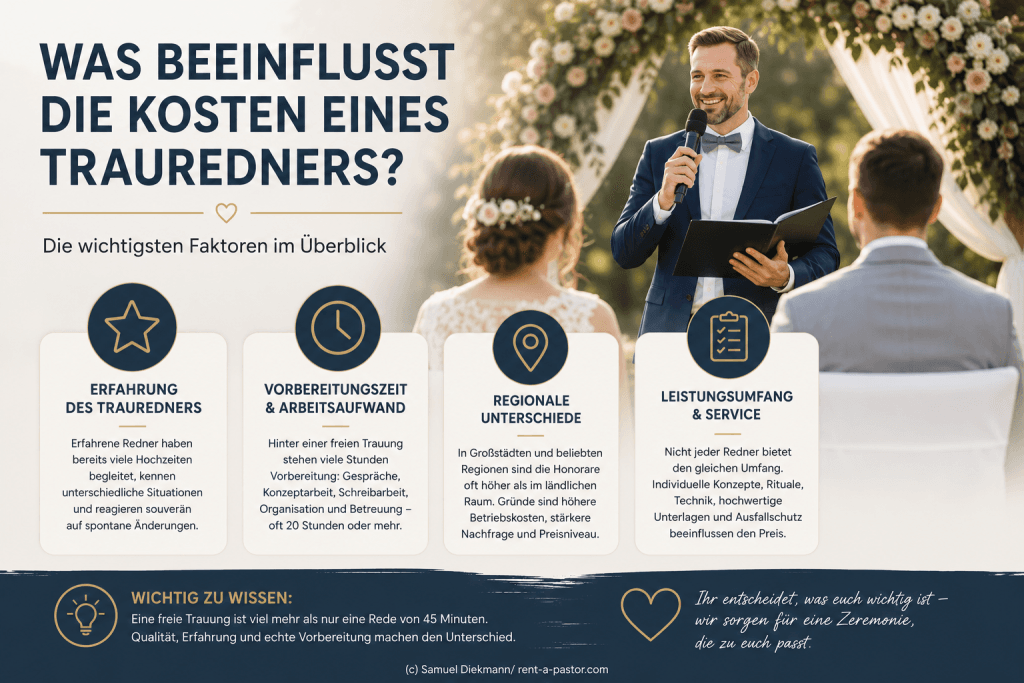 Infografik zu den Kosten eines Trauredners mit Hochzeitsszene und Übersicht zu Erfahrung, Vorbereitungszeit, regionalen Unterschieden und Leistungsumfang.