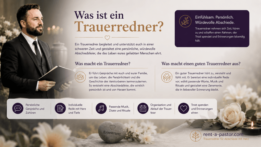 Trauerredner bei einer persönlichen Abschiedsfeier mit Blumen und Kerzen. Themenbild zum Beruf und den Aufgaben eines Trauerredners.