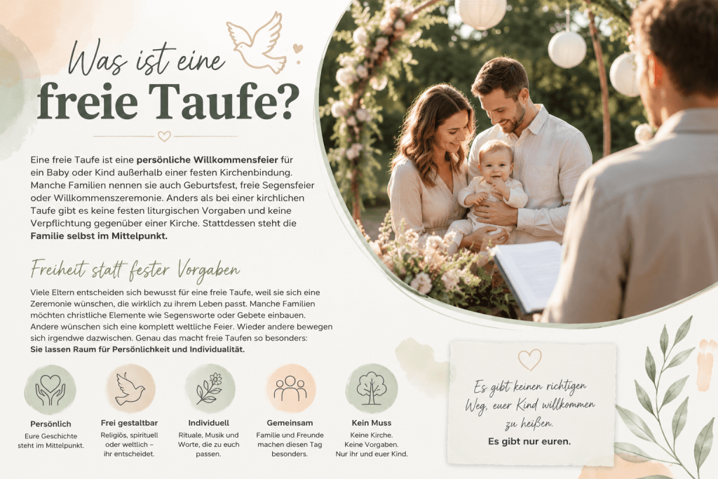 Grafik zur freien Taufe mit glücklicher Familie und Baby bei einer persönlichen Willkommensfeier im Freien. Der Redner ist von hinten zu sehen, während die Familie im Mittelpunkt steht.