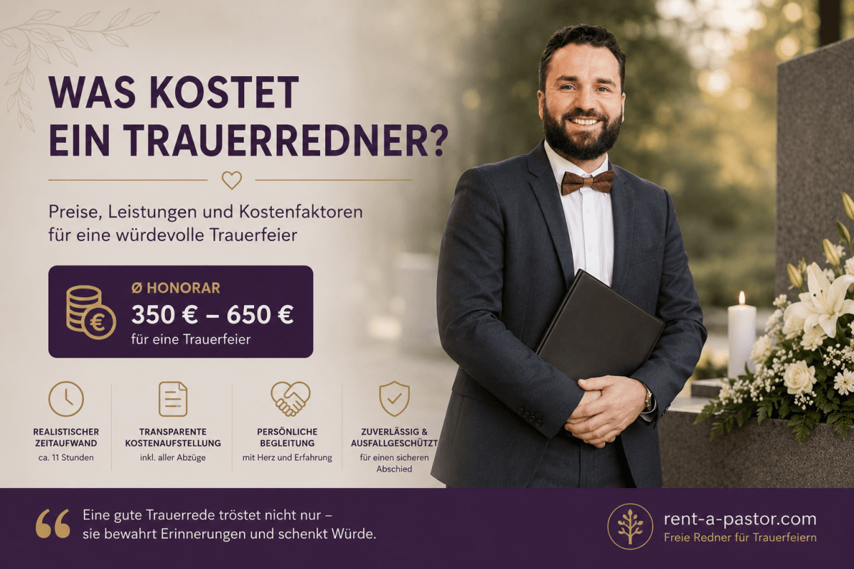 Samuel Diekmann als Trauerredner auf einem Titelbild zum Thema Kosten für Trauerredner und Trauerfeiern in Deutschland.