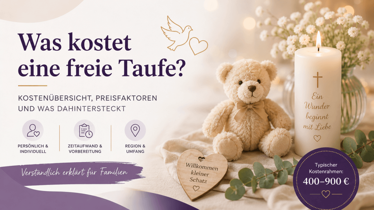 Titelbild zur Kostenübersicht einer freien Taufe mit Kerze, Teddybär und Informationen zu Preisen, Vorbereitung und persönlicher Gestaltung von Geburtsfesten und Willkommensfeiern