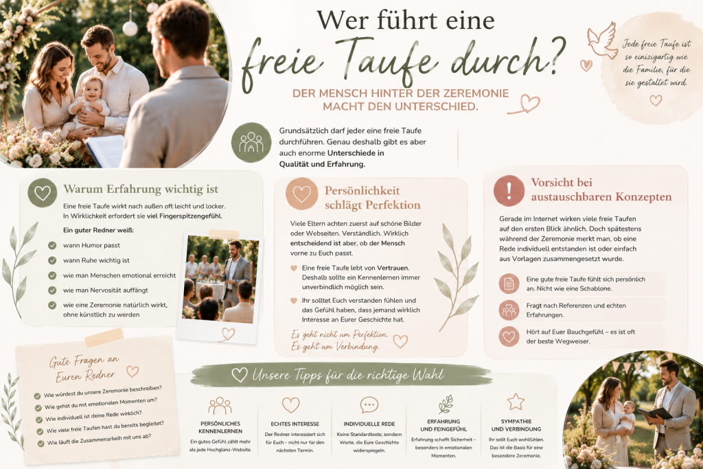 Infografik zur Auswahl eines Redners für eine freie Taufe mit Familie, Baby und freiem Redner bei einer persönlichen Zeremonie im Freien.