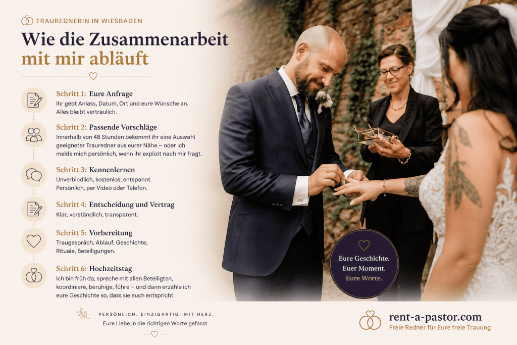 Traurednerin begleitet ein Brautpaar bei einer freien Trauung in Wiesbaden während des Ringtauschs.