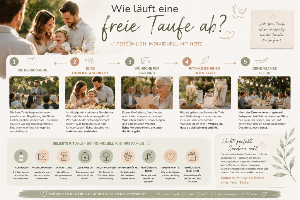 Infografik zum Ablauf einer freien Taufe mit Familie, Baby und freiem Redner bei einer emotionalen Zeremonie im Freien. Die Grafik zeigt die wichtigsten Bestandteile einer freien Taufzeremonie.