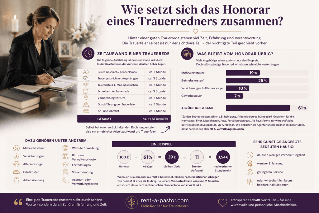 Infografik über den Arbeitsaufwand und die Kostenstruktur eines professionellen Trauerredners mit Übersicht zu Zeitaufwand, Abzügen und Leistungen.