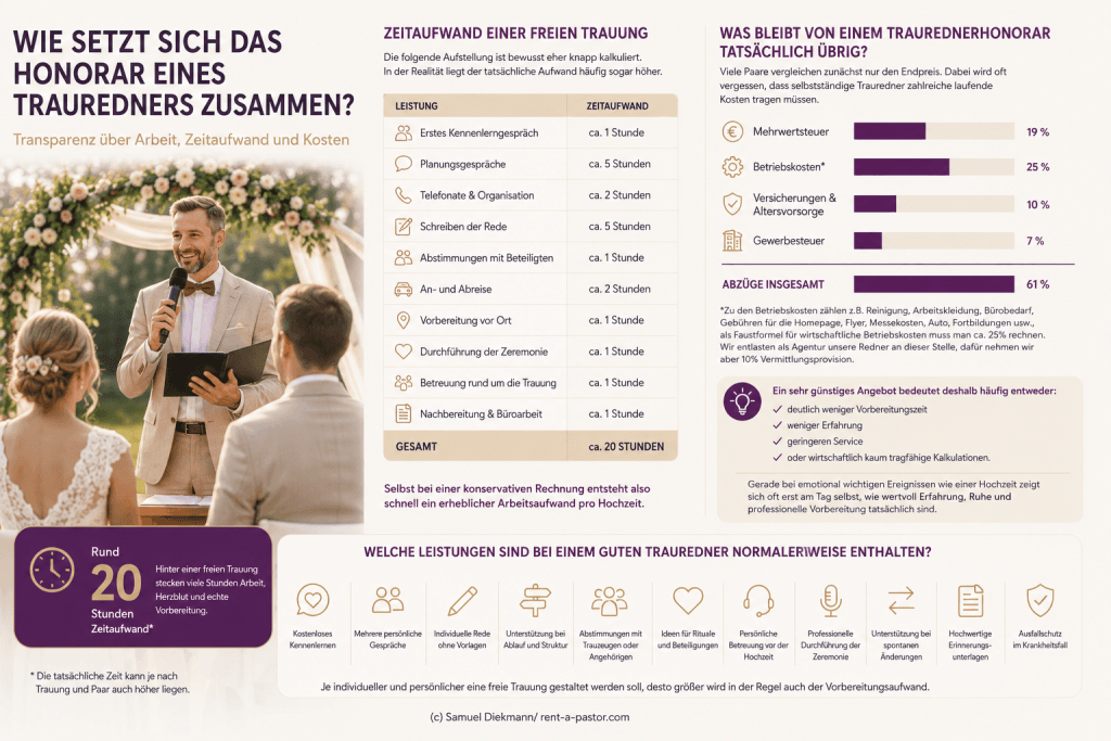 Infografik über den Arbeitsaufwand und die Kostenstruktur eines professionellen Trauredners mit Übersicht zu Zeitaufwand, Vorbereitung und Abzügen.