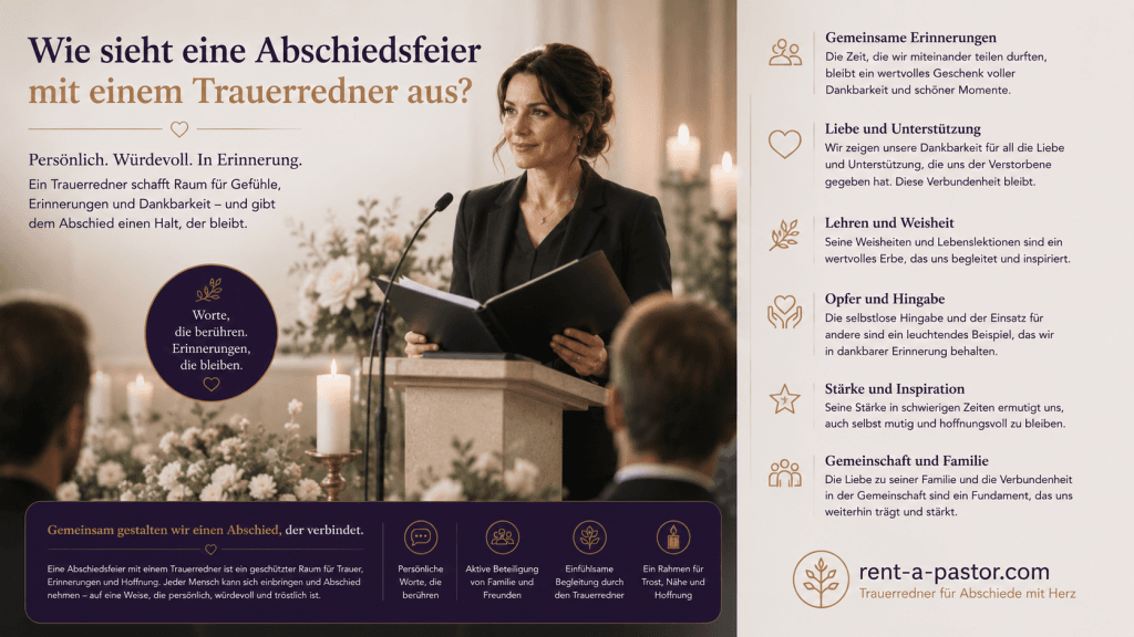 Empathische Trauerrednerin begleitet eine persönliche Abschiedsfeier mit Angehörigen, Kerzen und Blumen in ruhiger Atmosphäre.