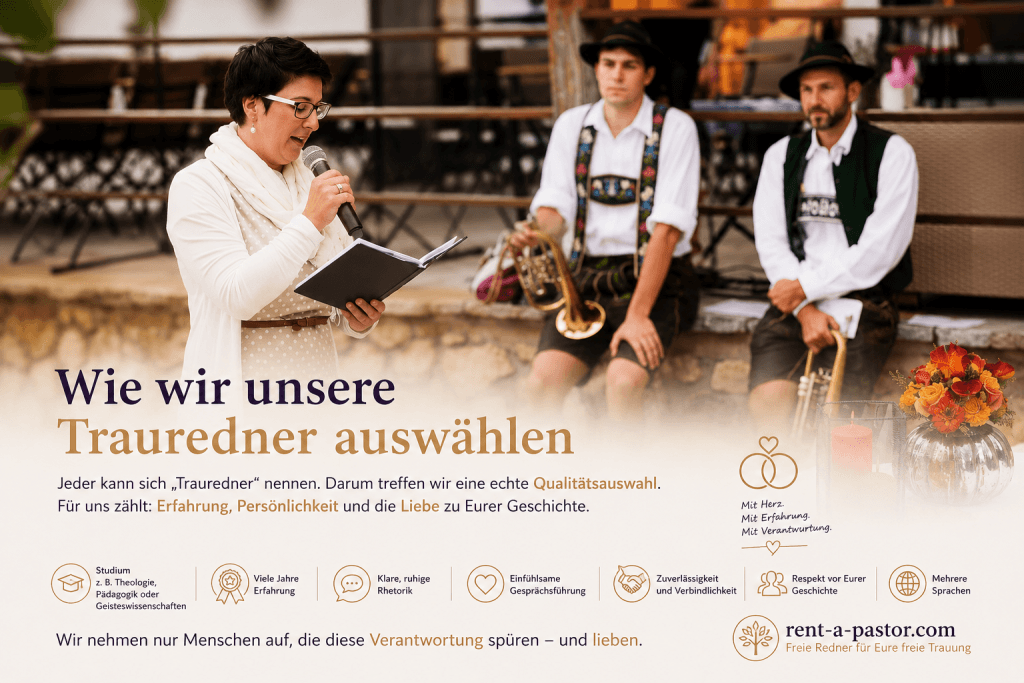 Freie Traurednerin bei einer persönlichen Hochzeitszeremonie mit Musikern im Hintergrund während einer freien Trauung.