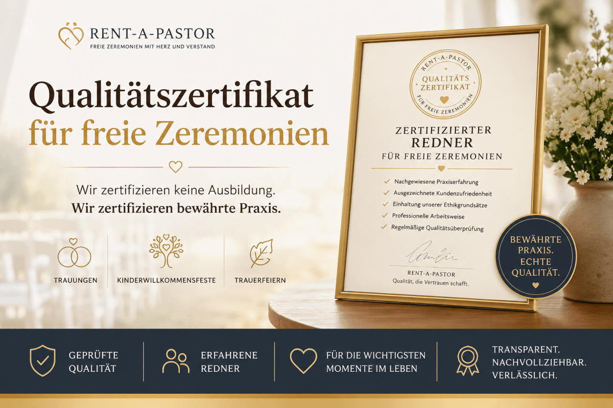 Qualitätszertifikat für freie Zeremonien von Rent-a-Pastor. Zertifizierte Redner mit nachgewiesener Praxiserfahrung, Kundenzufriedenheit und professionellen Qualitätsstandards für Hochzeiten, Trauerfeiern und Kinderwillkommensfeste.
