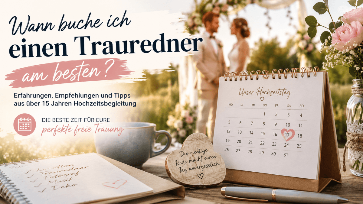 Wann sollte man einen Trauredner buchen? Das Bild zeigt einen Hochzeitskalender vor einer romantischen freien Trauung im Freien. Der Artikel erklärt anhand echter Erfahrungen aus über 15 Jahren Hochzeitsbegleitung, welche Vorlaufzeiten heute üblich sind, warum viele Paare später buchen als früher und wann der richtige Zeitpunkt ist, um einen Trauredner für die eigene Hochzeit anzufragen.