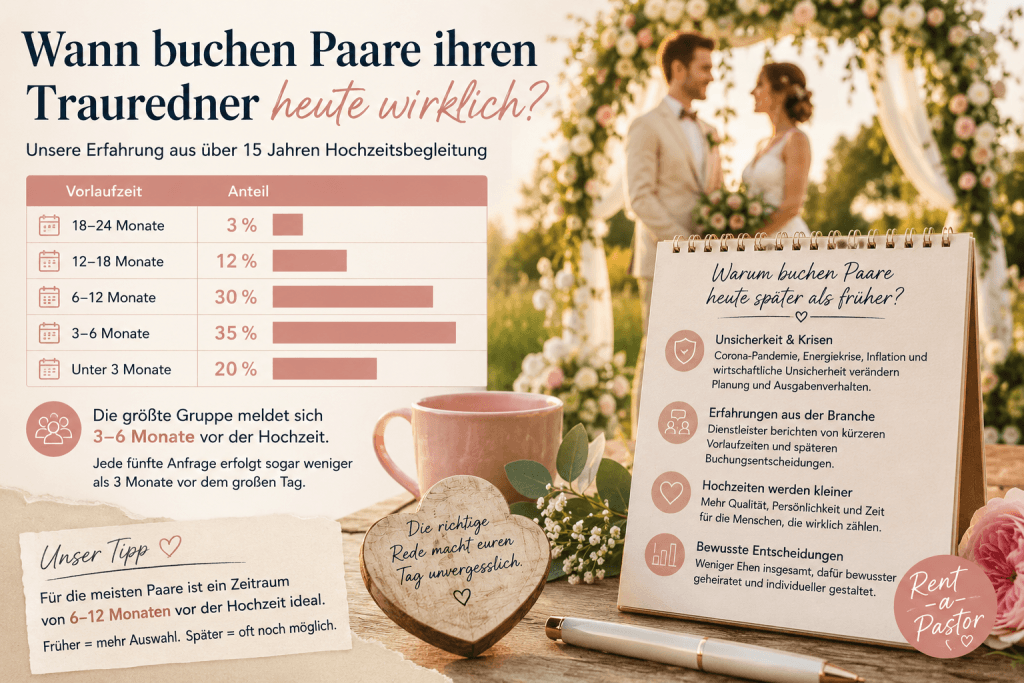 Infografik zur Frage wann Paare ihren Trauredner buchen. Statistik zu Vorlaufzeiten freier Trauungen mit Erfahrungen aus über 15 Jahren Hochzeitsbegleitung und Tipps zur optimalen Buchungszeit.