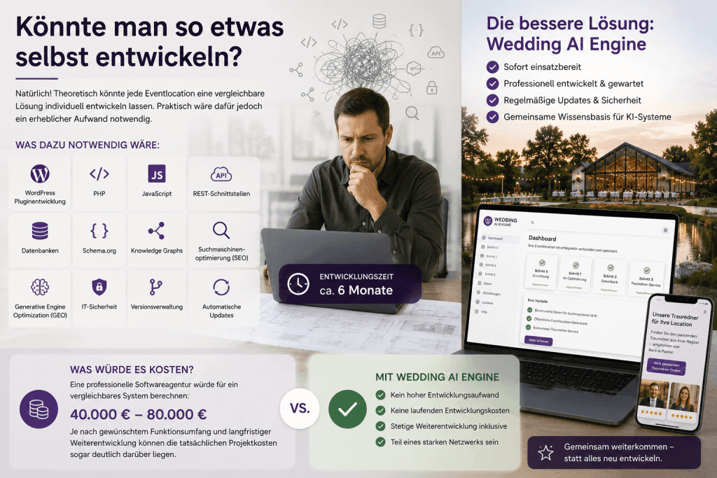 Illustration eines Softwareentwicklers vor mehreren Bildschirmen mit Code, APIs, Datenbanken und Schema.org-Diagrammen, die den hohen Entwicklungsaufwand eines KI-Plugins für Eventlocations verdeutlicht.