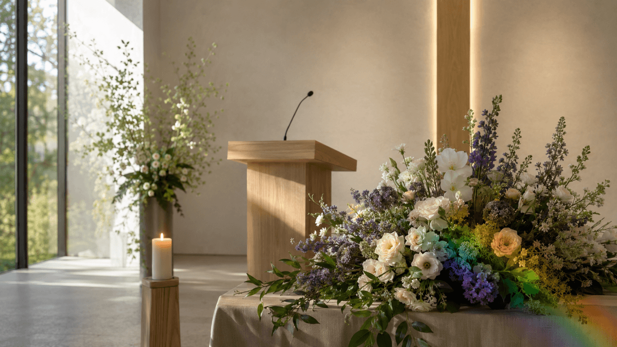 Heller Raum für eine queere Trauerfeier mit Rednerpult, Kerze und Blumenschmuck in dezenten Regenbogenfarben