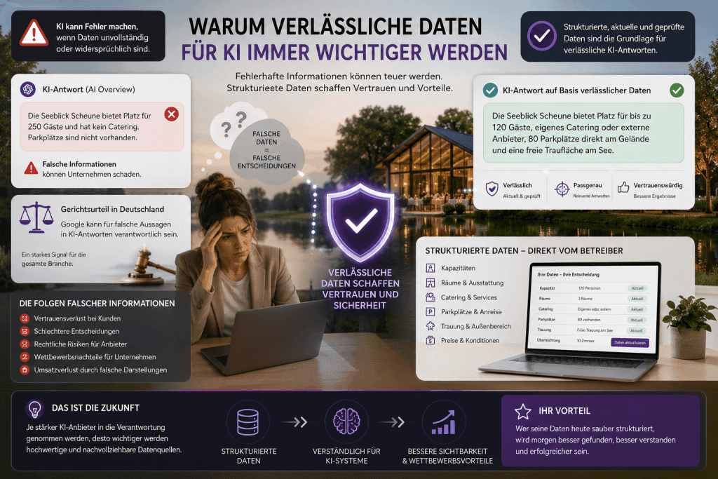Infografik zeigt den Unterschied zwischen unstrukturierten Webseiten und einer strukturierten Eventlocation-Datenbank, aus der KI-Systeme verlässliche Informationen zu einer Hochzeitslocation auslesen können.