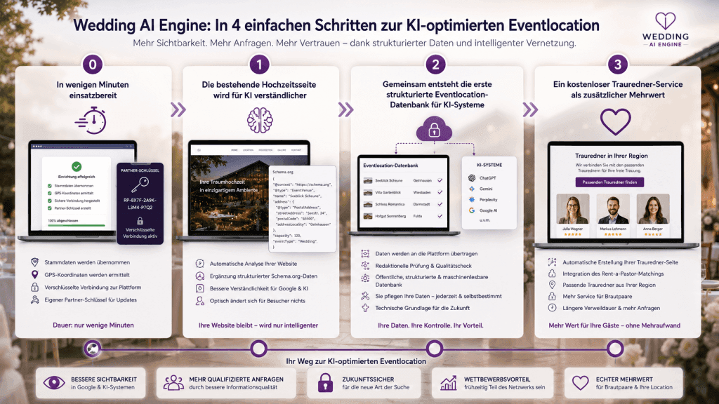 Infografik mit vier Schritten des Wedding AI Engine Plugins: Einrichtung, KI-Optimierung der Hochzeitswebsite, Veröffentlichung in einer strukturierten Eventlocation-Datenbank und Integration eines kostenlosen Trauredner-Service.