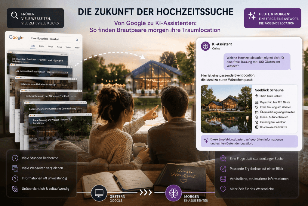 Illustration zum Wandel der Hochzeitssuche: Ein Brautpaar nutzt einen KI-Assistenten, um eine passende Eventlocation anhand strukturierter Kriterien wie Gästezahl, Lage und Ausstattung zu finden.